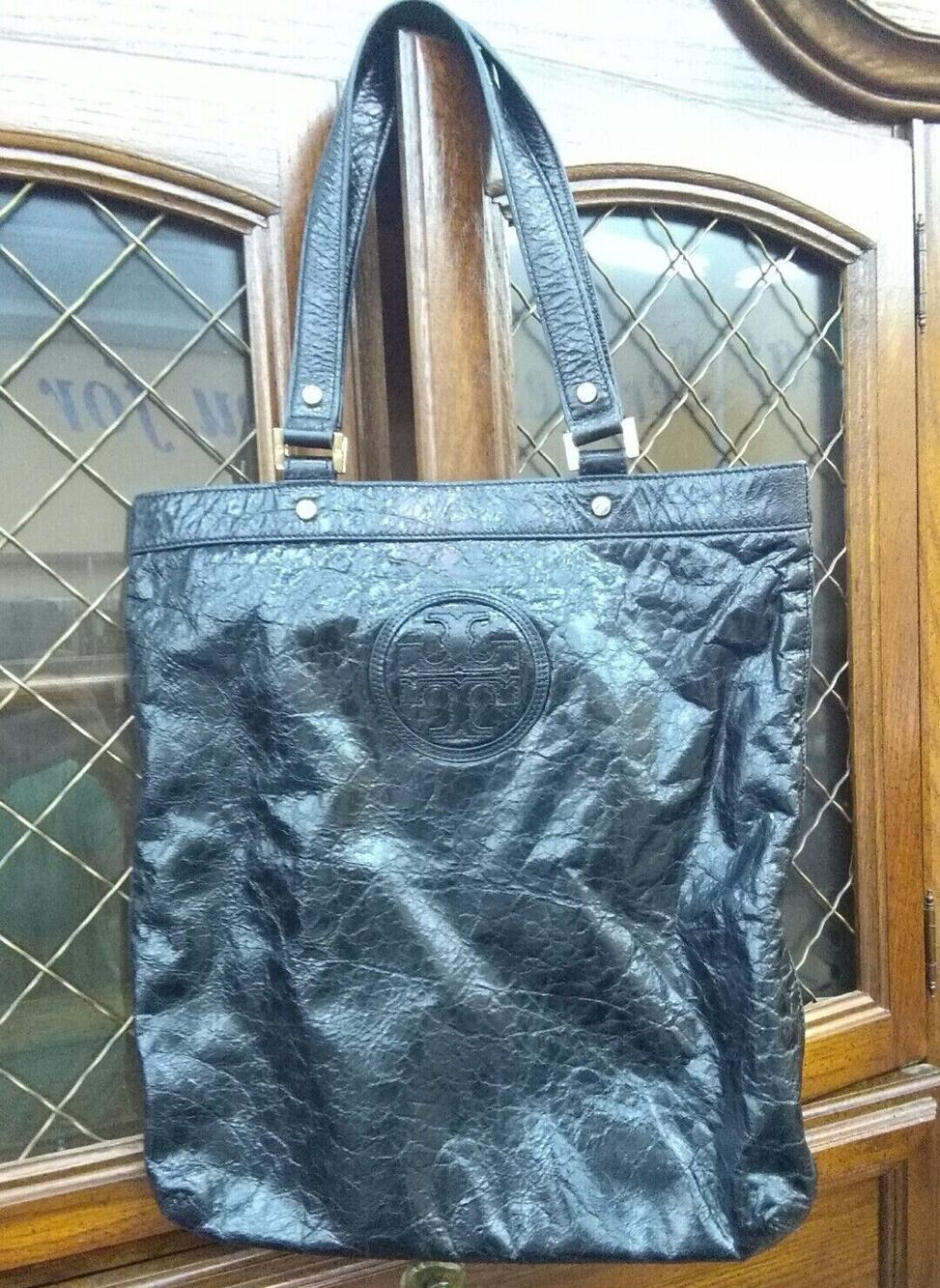 TORY BURCH HANDBAG DISTRESSED CRACKLED LEATHER PURSE SATCHEL BLACK